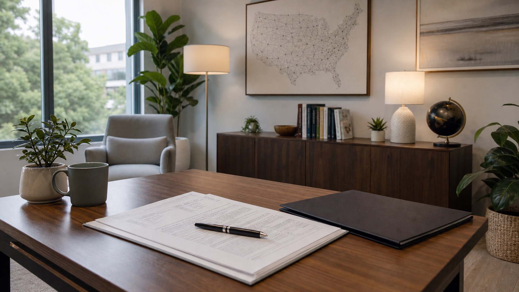 A calm psychology office with evaluation documents prepared on a desk