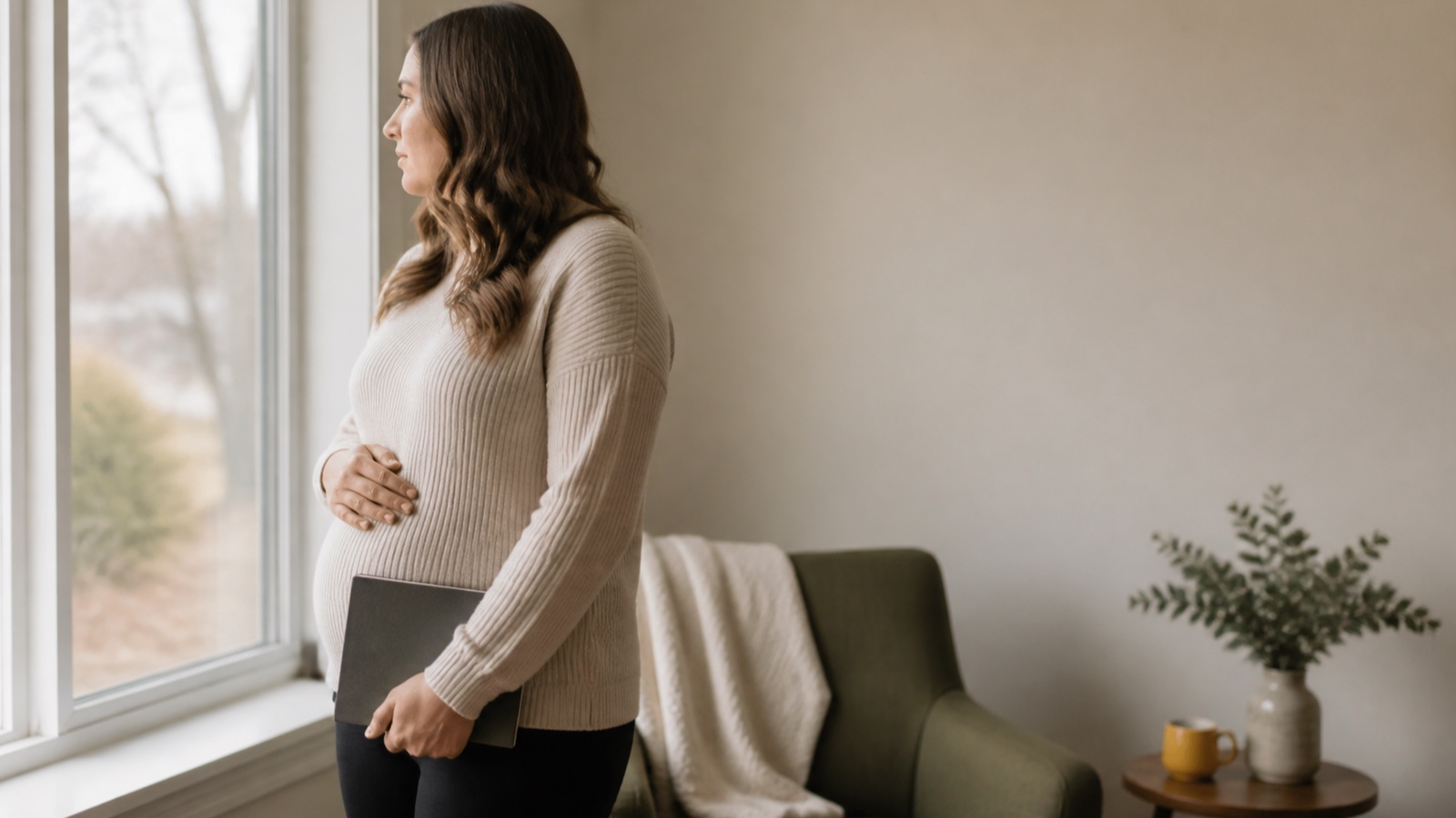 Pregnant adult standing quietly by a window with an appointment notebook