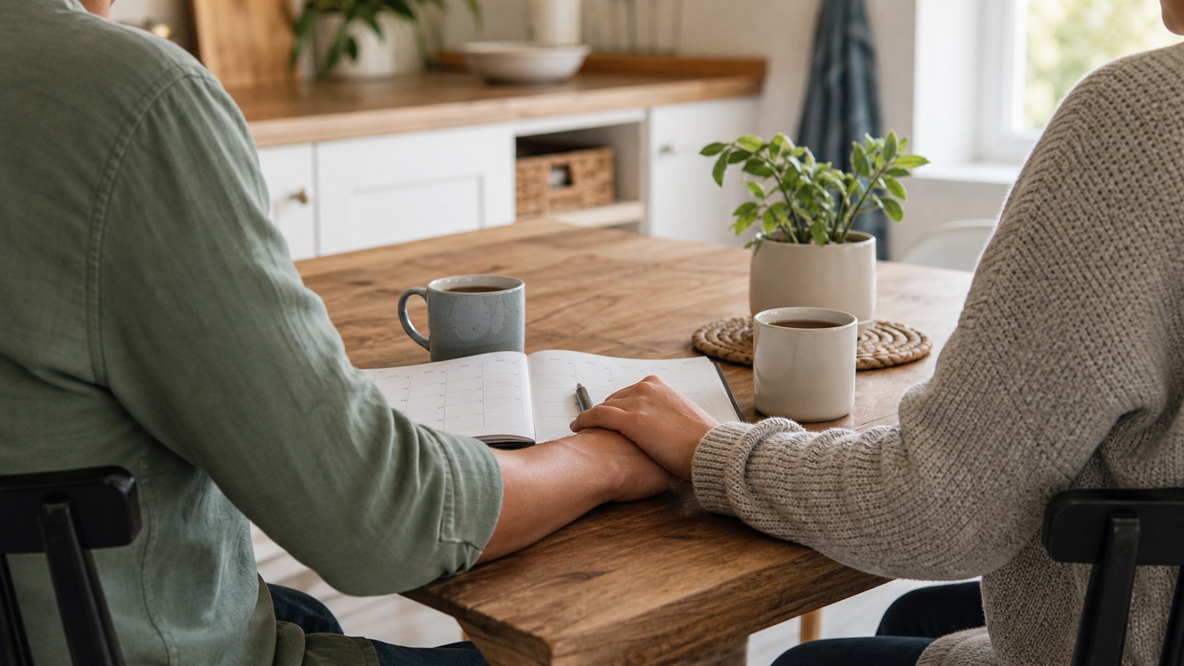 Two adult partners holding hands beside an appointment calendar in a bright home