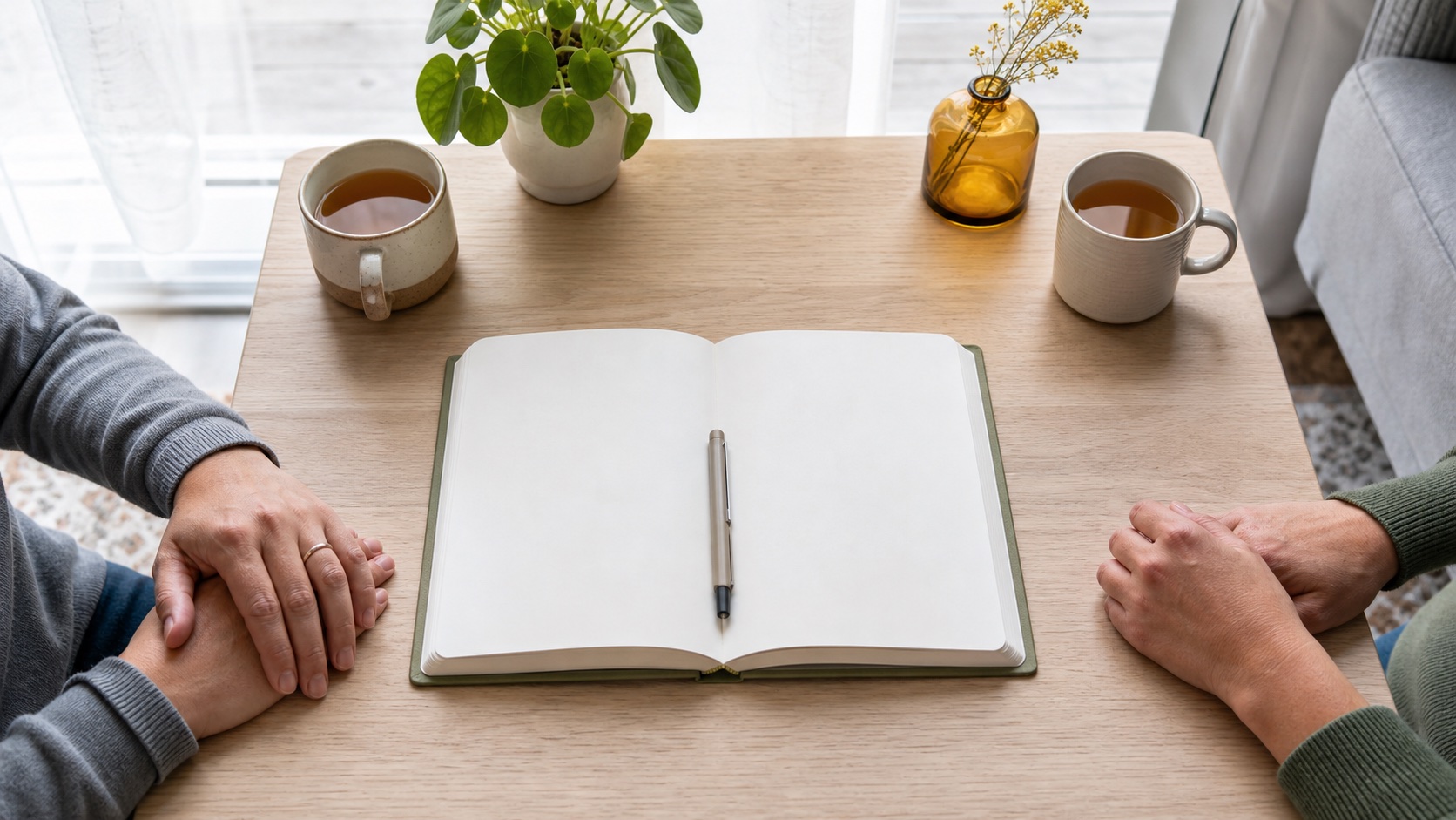 Two adults sitting together with a blank journal and tea while making space for reflection and shared decisions