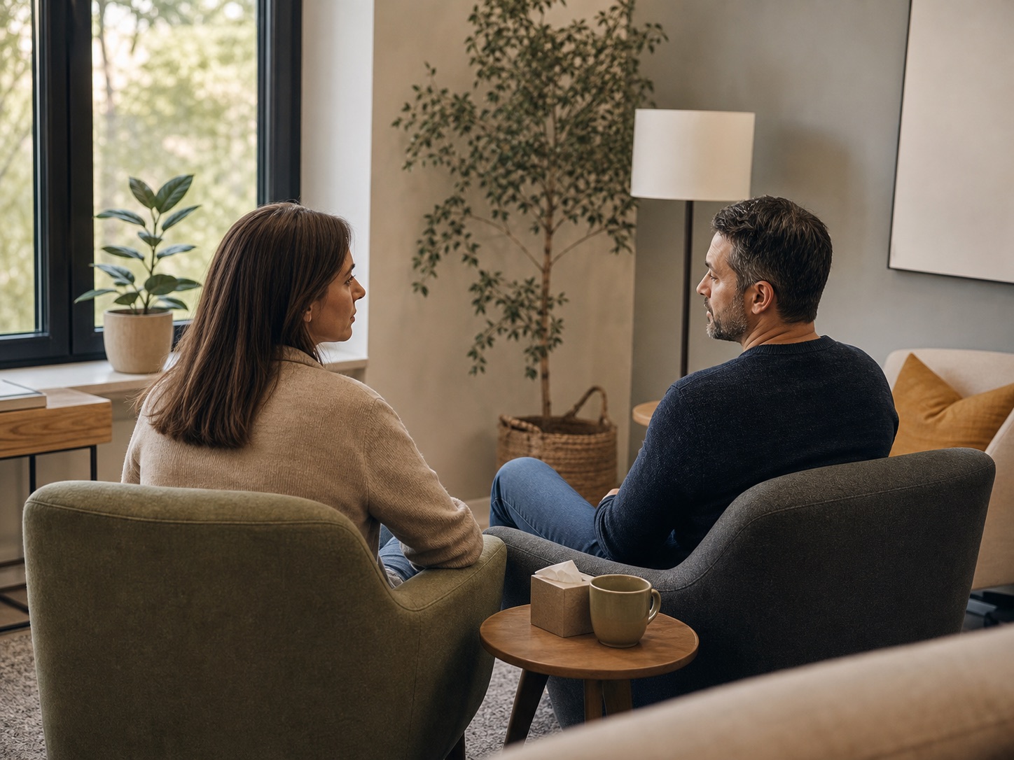 Adult couple talking during a therapy session in a warm private office